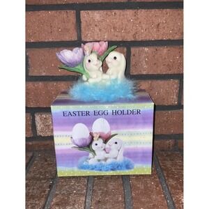Vintage Cracker Barrel Easter Egg Holder Bunny Figurine Tulip Flowers